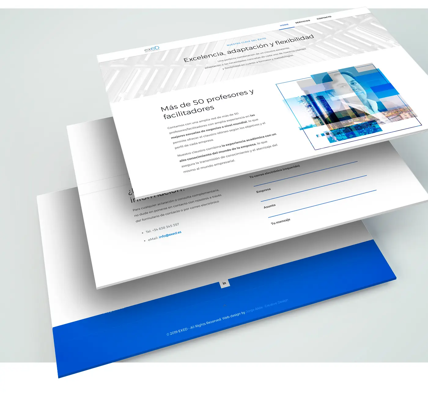 Mockup de varias páginas de la web de EXED apiladas mostrando servicios y formulario de contacto