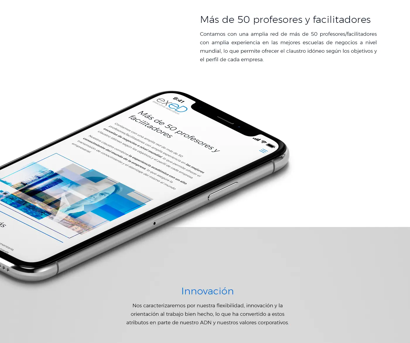 Sección de la web de EXED sobre profesores y facilitadores vista en un iPhone