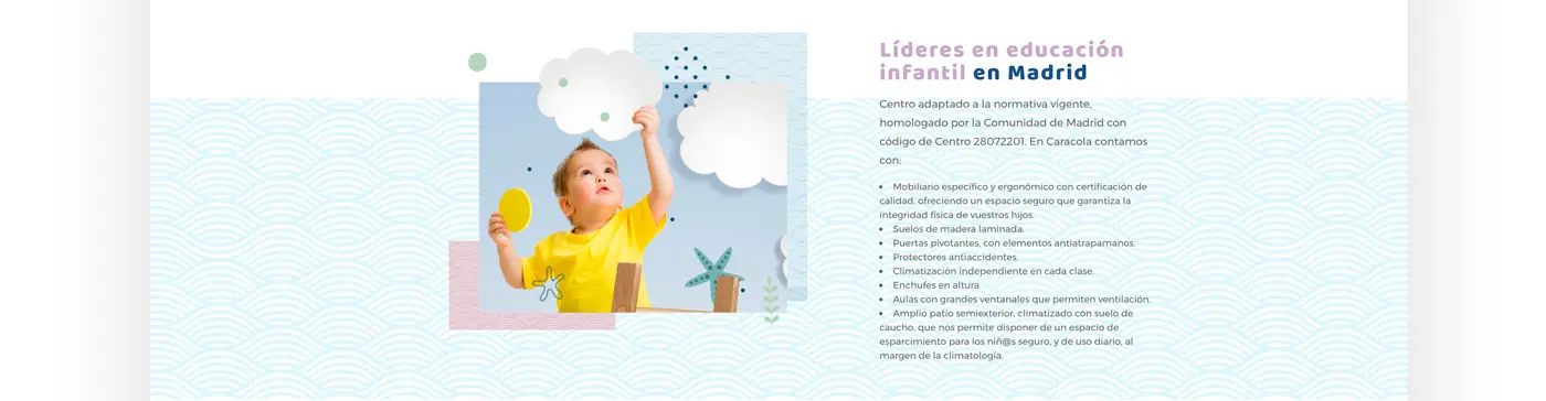 Sección Líderes en educación infantil con foto de niño y nubes de papel