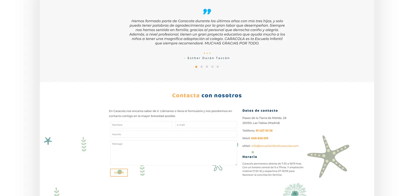 Sección de testimonios y formulario de contacto con estrellas de mar ilustradas