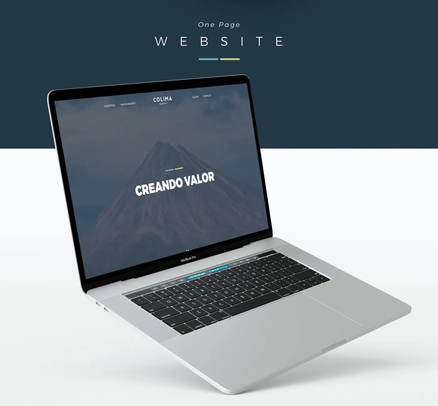 Web One Page de Colima Capital en un MacBook con foto de volcán y texto Creando valor