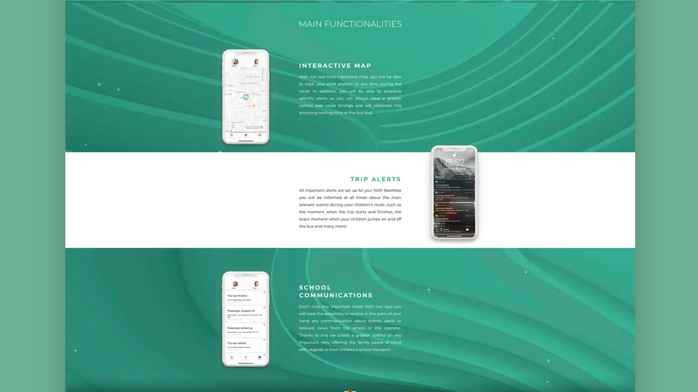 Apartado de funcionalidades principales con capturas del mapa interactivo y las alertas de viaje