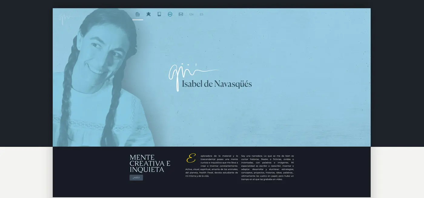 Website homepage with a portrait of Isabel and her handwritten signature