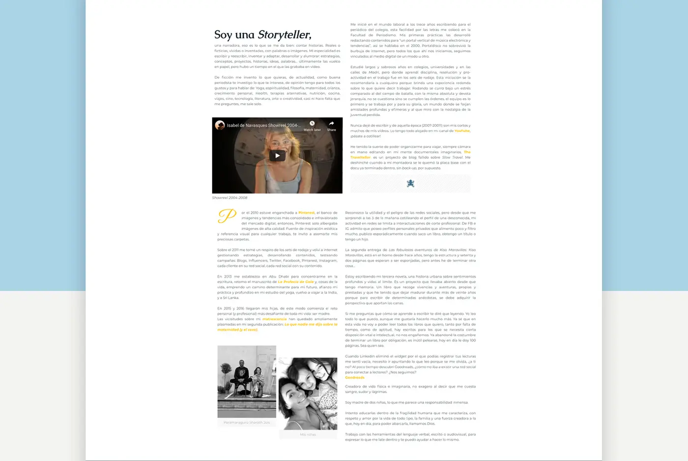 Website page I Am a Storyteller with a showreel video and family photographs