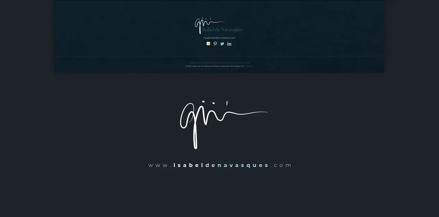 Dark website footer with Isabel de Navasqüés's signature and logo