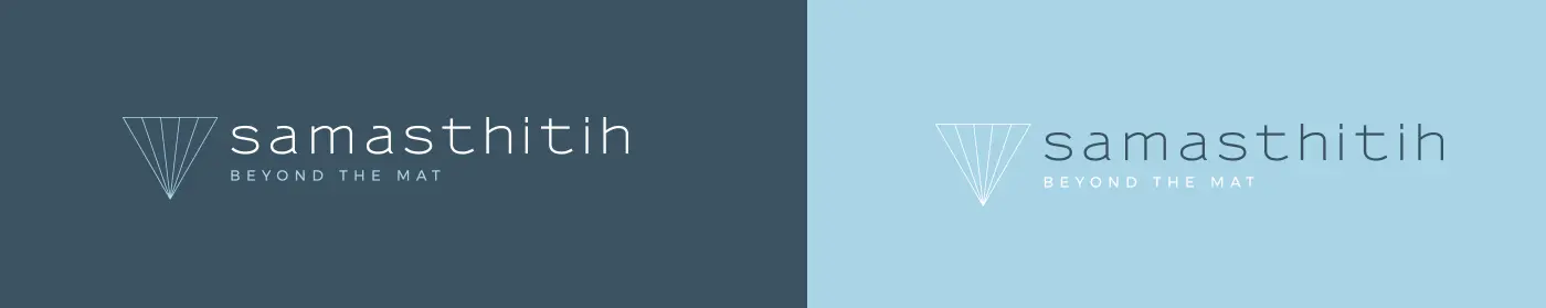 Samasthitih logotype in light and dark versions on two blue backgrounds