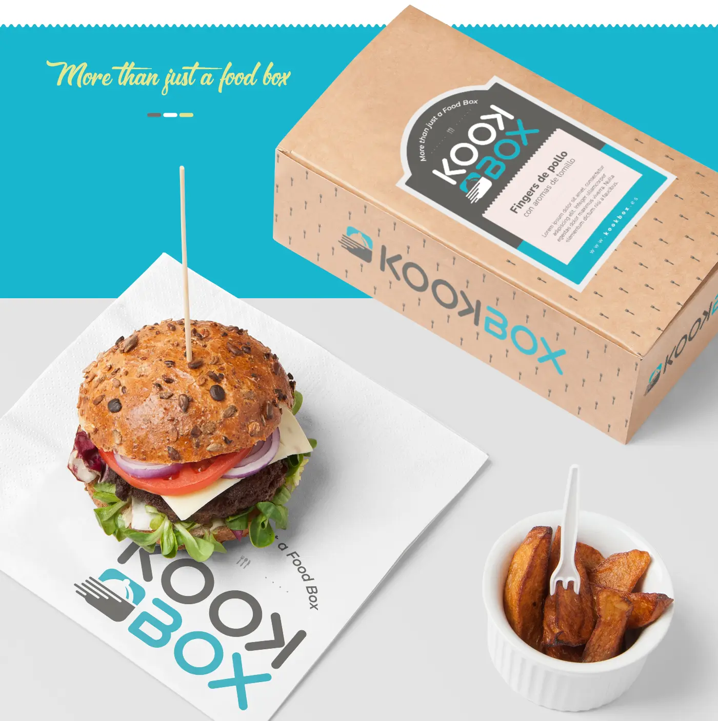 Packaging de caja kraft con etiqueta de menú junto a una hamburguesa gourmet y patatas fritas en salsera