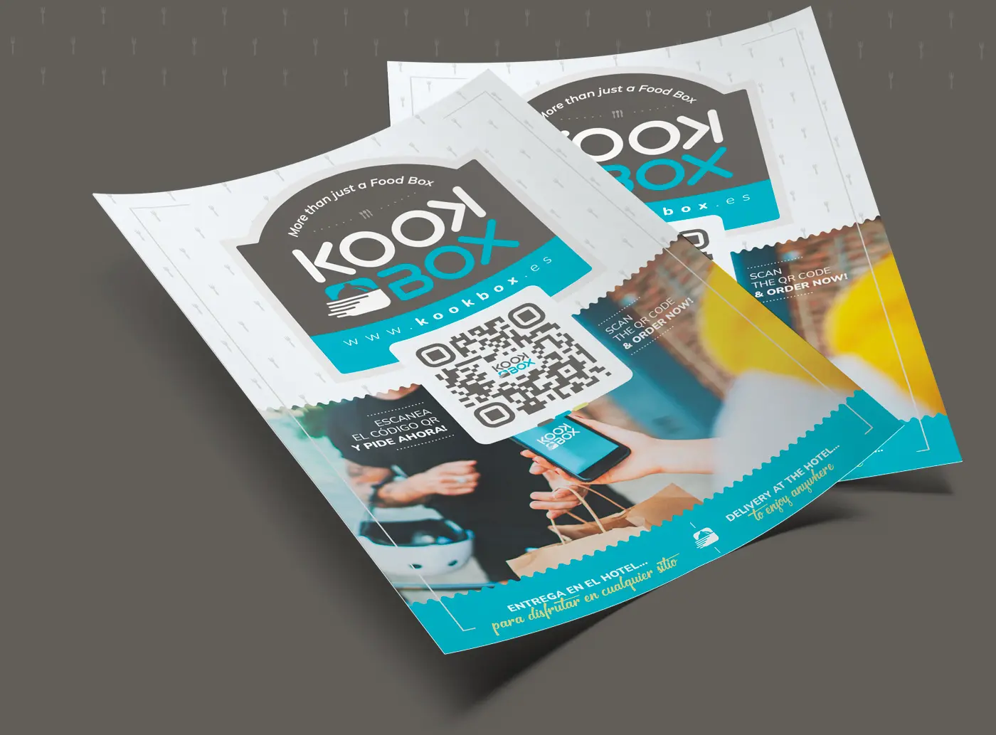 Dos flyers publicitarios superpuestos con código QR para pedir y fotografía de reparto en bicicleta