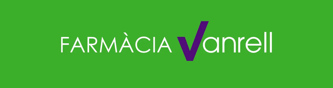 Farmàcia Vanrell logo in white and purple on a green background