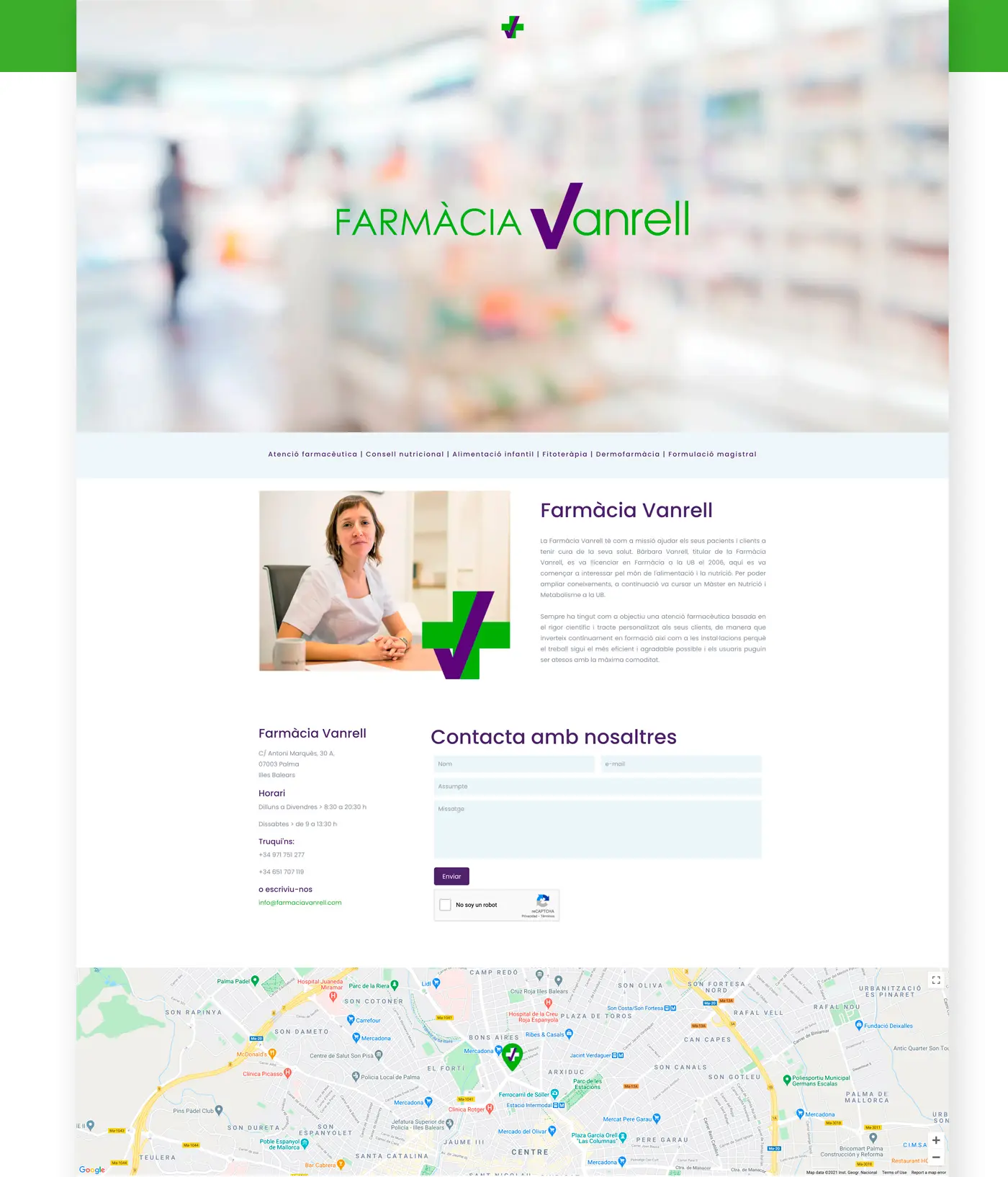 Farmàcia Vanrell website with a blurred interior photo and centered logo