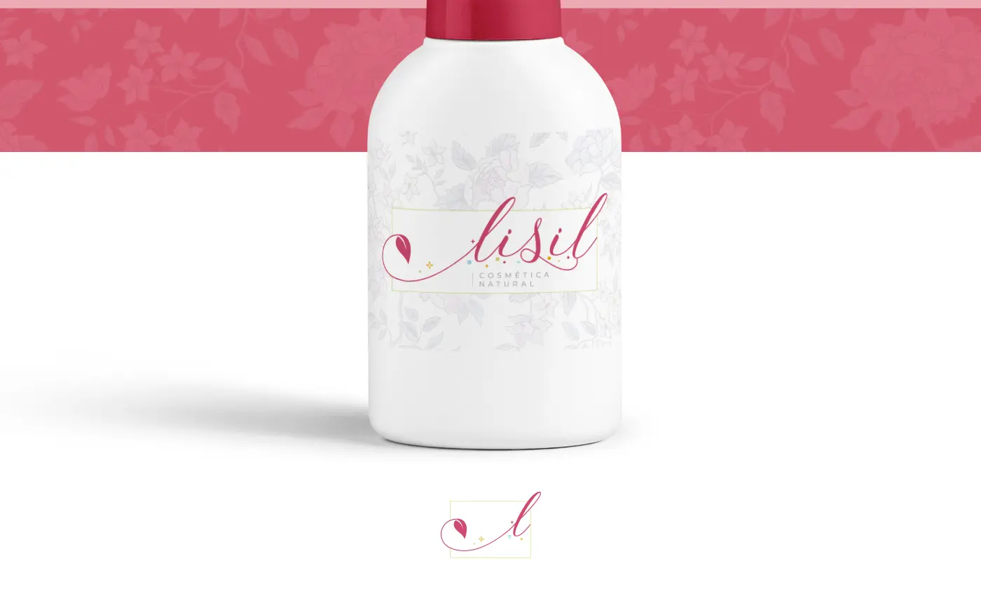 Botella blanca con tapón rojo y estampado floral con el logotipo de Lisil