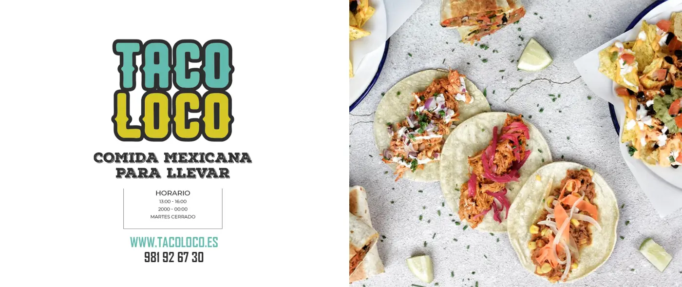 Logotipo de Taco Loco en turquesa y amarillo junto a una bandeja de tacos y nachos