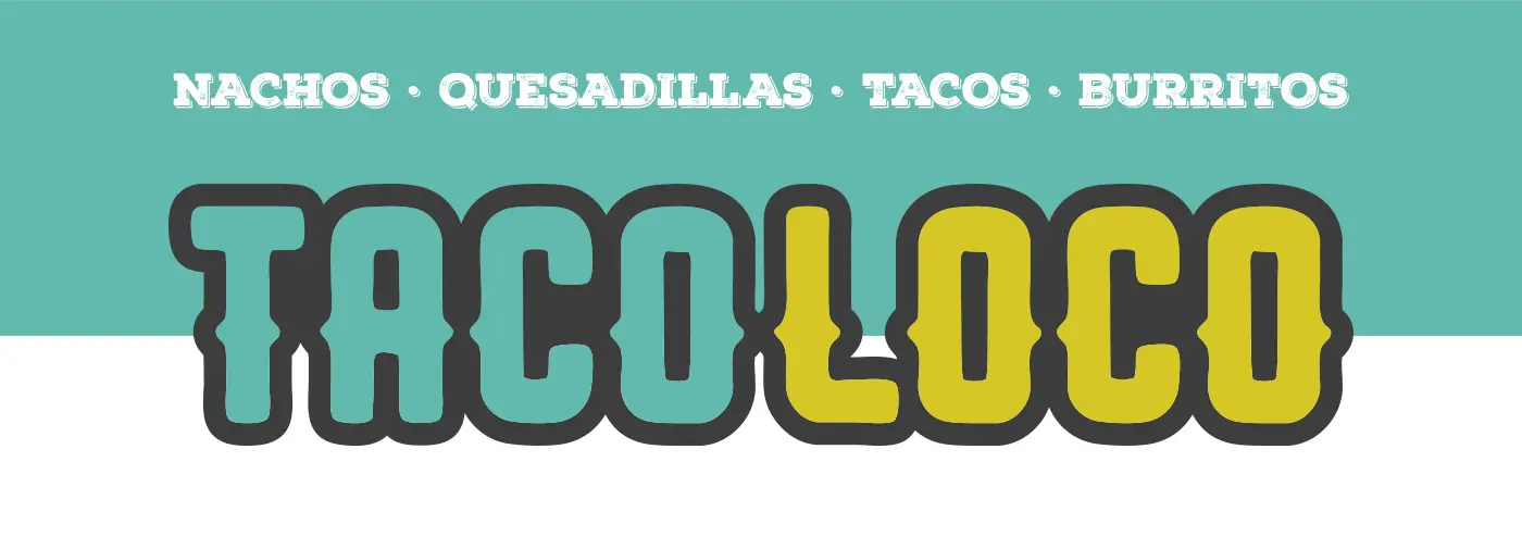Cartel con la lista de productos nachos, quesadillas, tacos y burritos sobre el logotipo