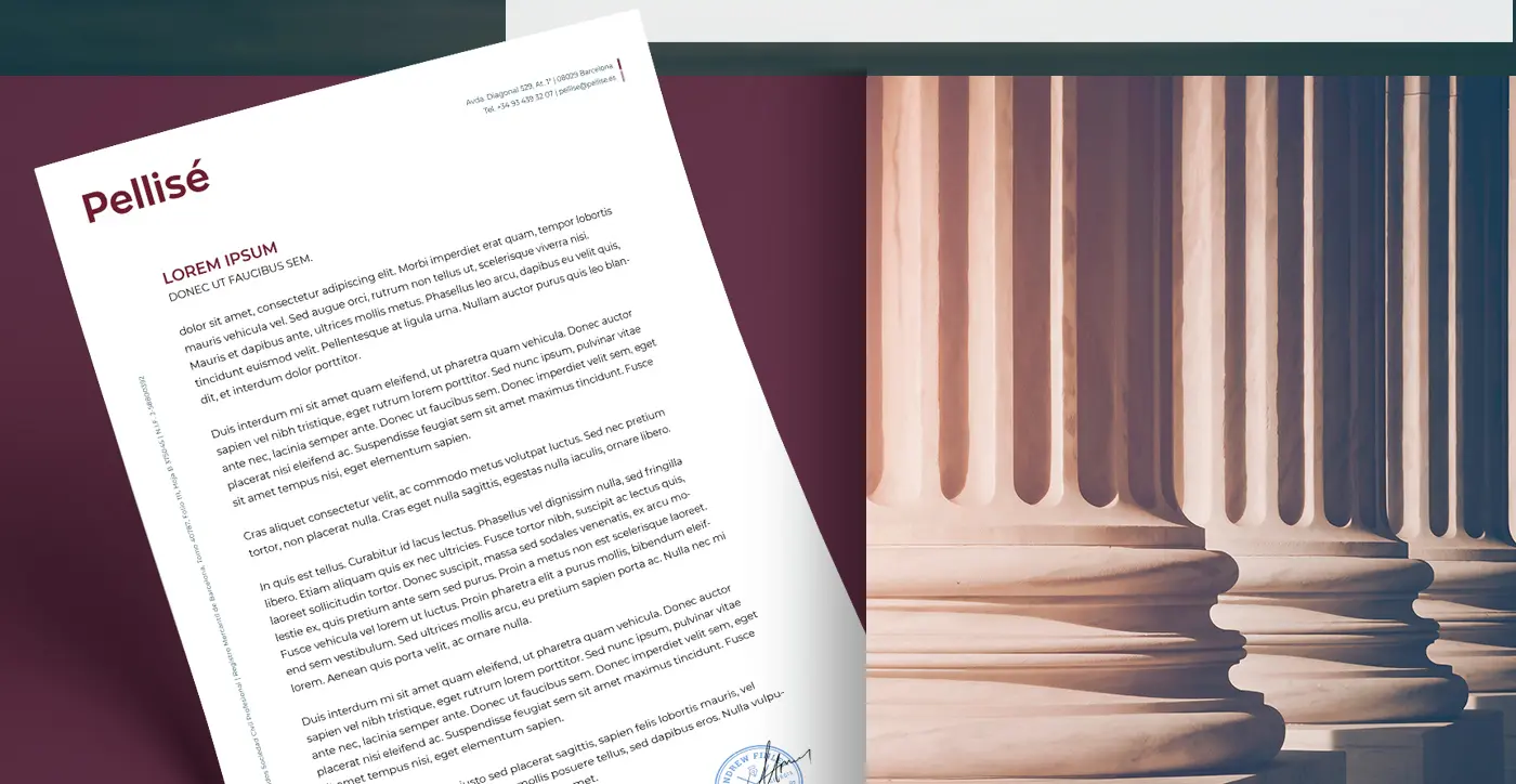 Corporate stationery with letterhead next to a photograph of classical columns