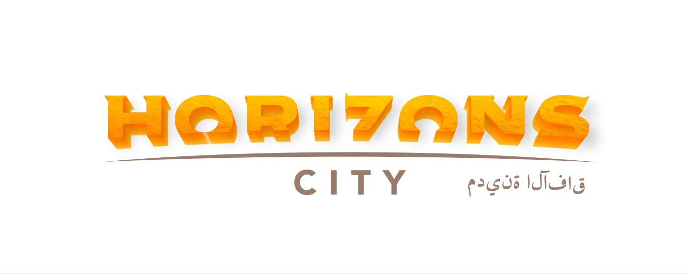Logotipo Horizons City en letras doradas con textura de piedra