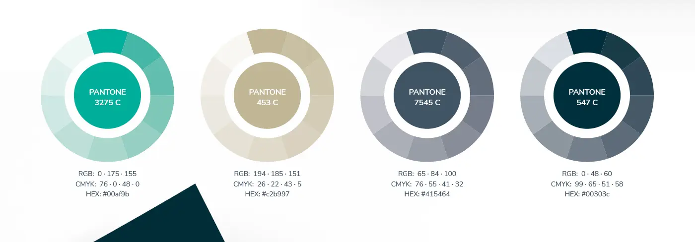 Corporate colour palette in Pantone: turquoise, beige, grey and petrol blue