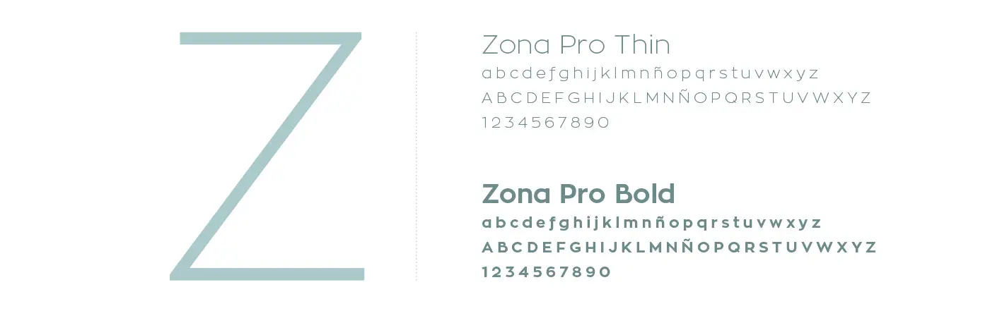 Especimen tipográfico de la familia Zona Pro en fina y negrita