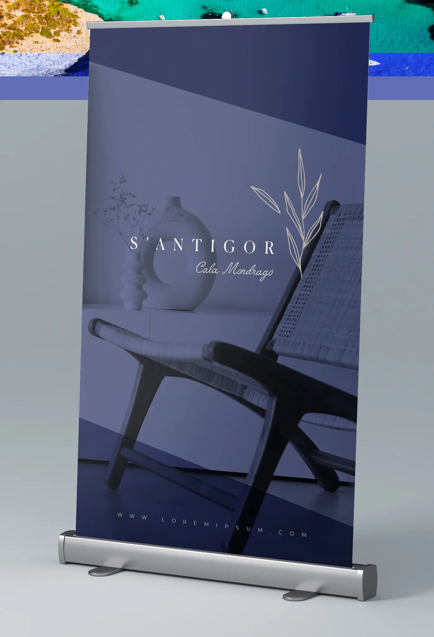 Advertising roll-up with the logotype over an interior photograph in blue tones