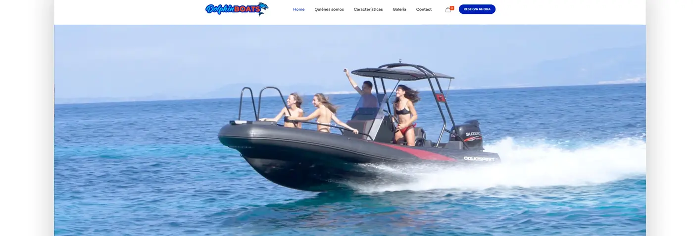 Página web de reserva mostrando una lancha semirrígida con pasajeros navegando