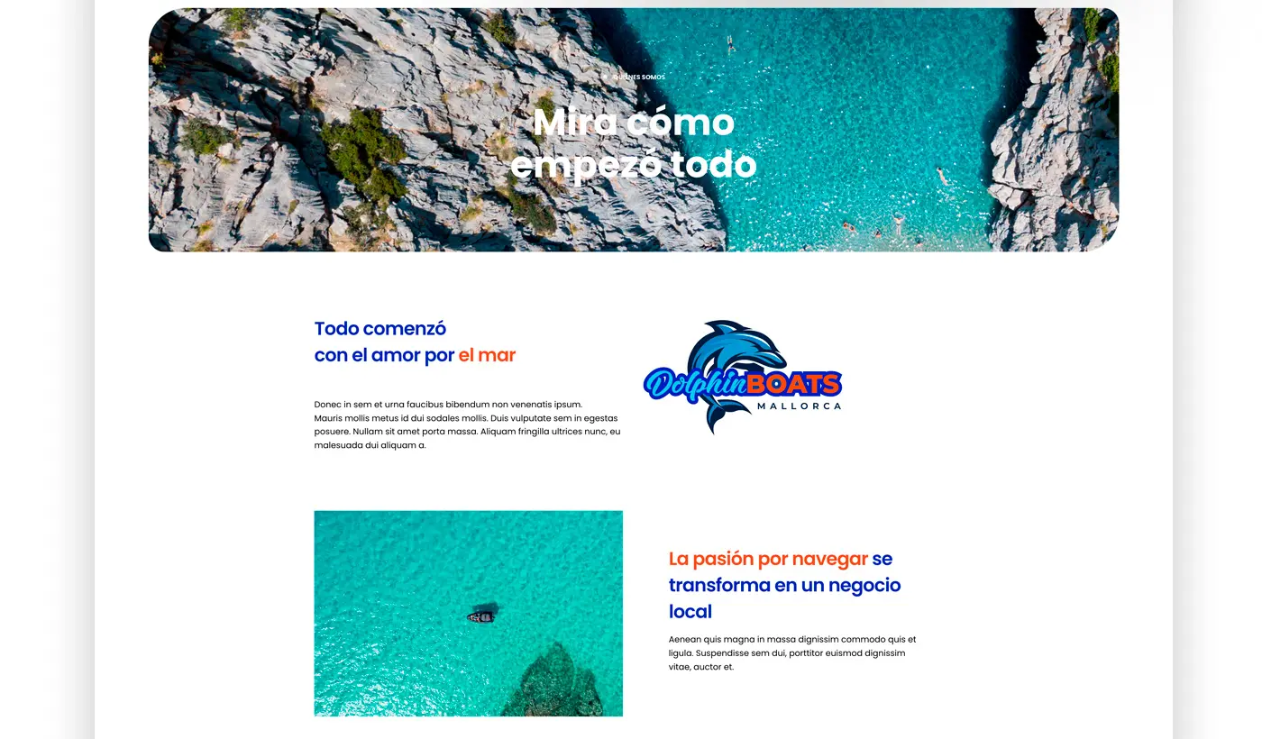 Sección web con imagen aérea de cala y texto sobre el origen del negocio