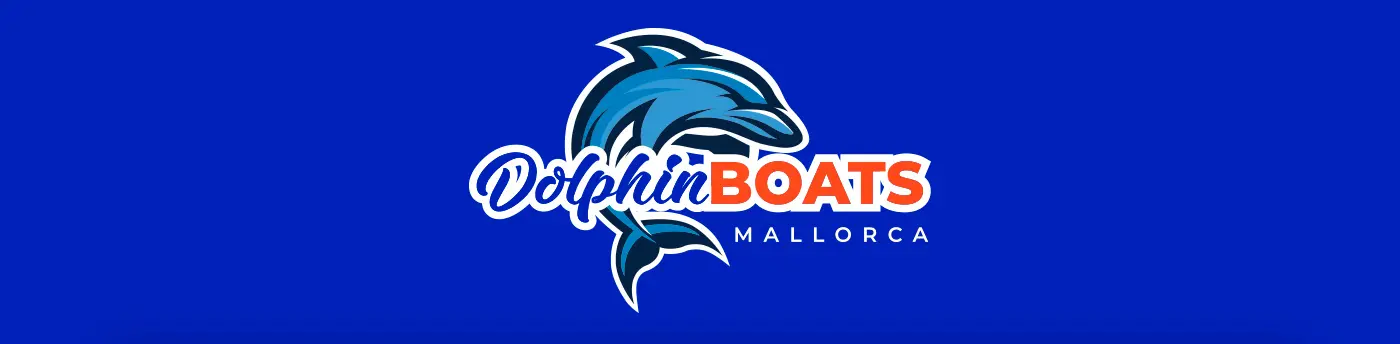 Logotipo de Dolphin Boats Mallorca con isotipo de delfín sobre fondo azul