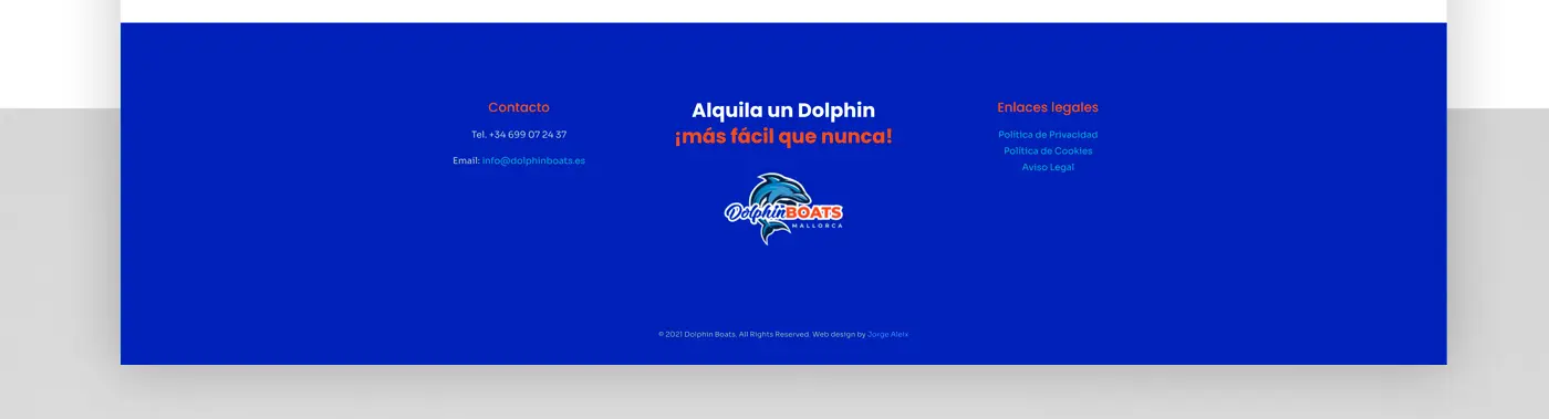 Pie de página de la web de Dolphin Boats con logotipo y datos de contacto