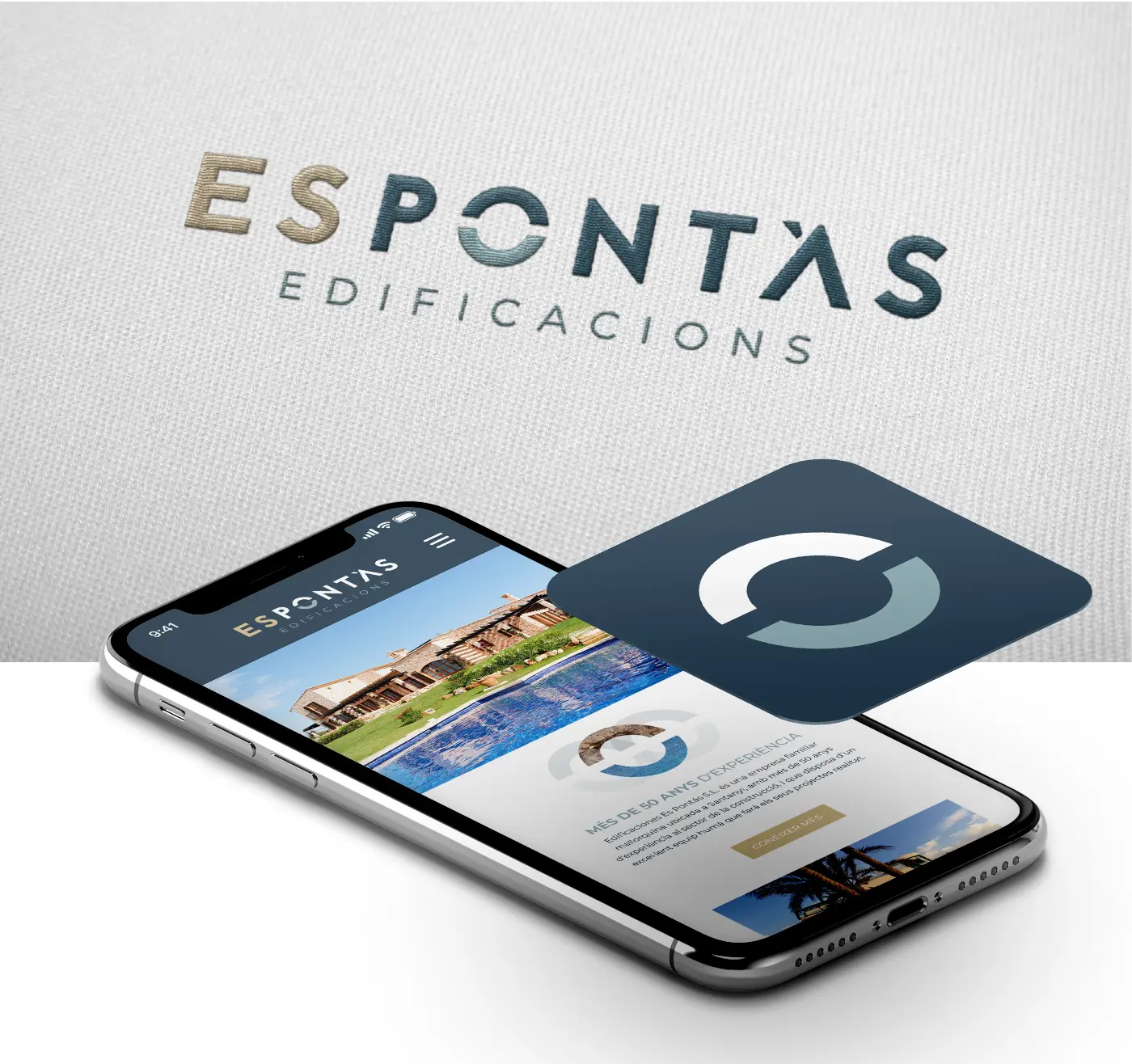 Mockup of the Es Pontàs website on a smartphone next to the isotype
