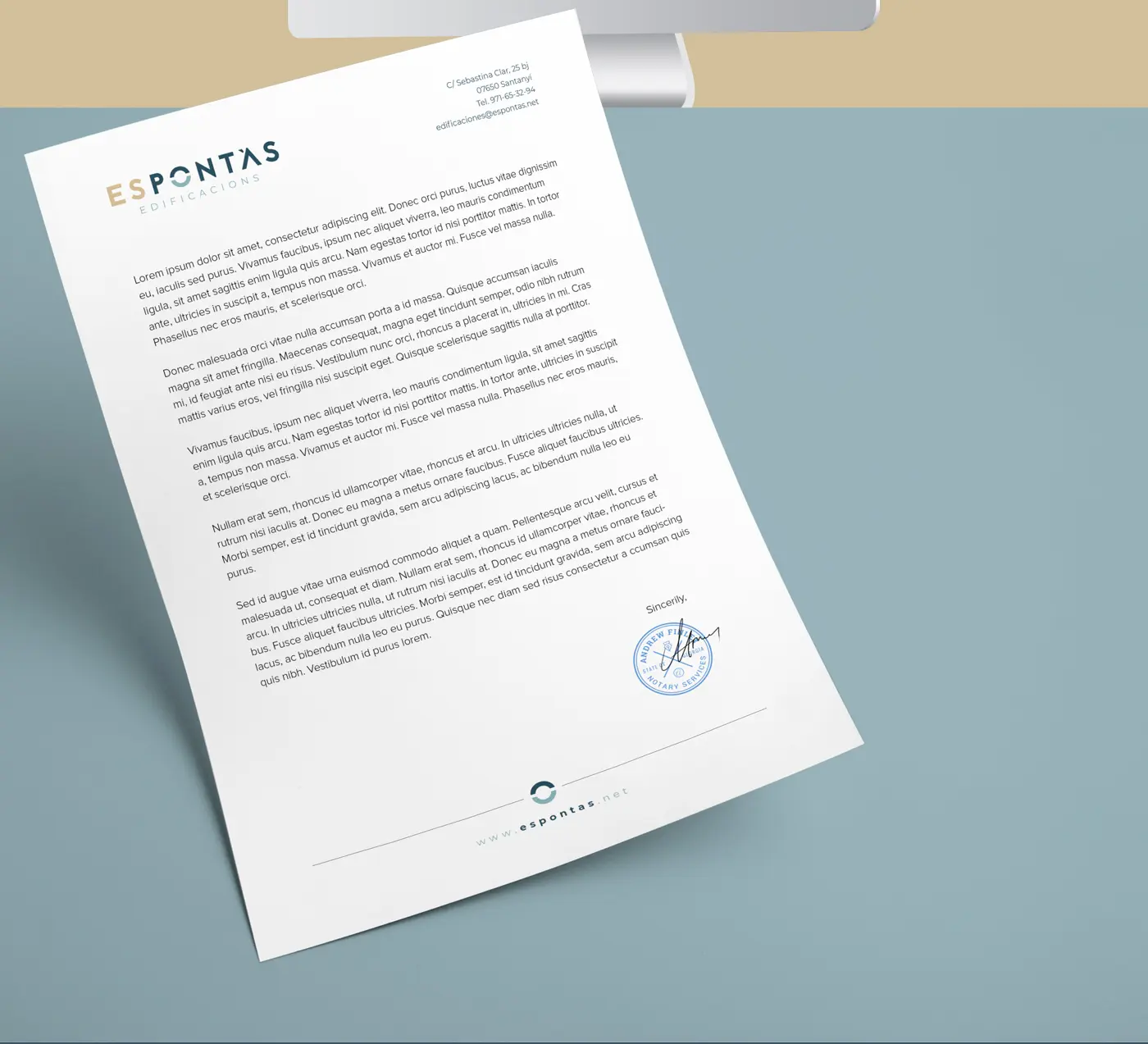 Mockup of a letter with Es Pontàs's corporate letterhead