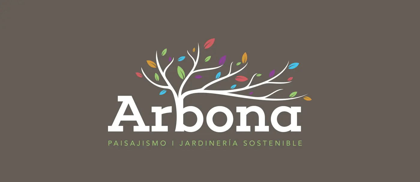 Arbona logotype with coloured leaf branch on a brown background