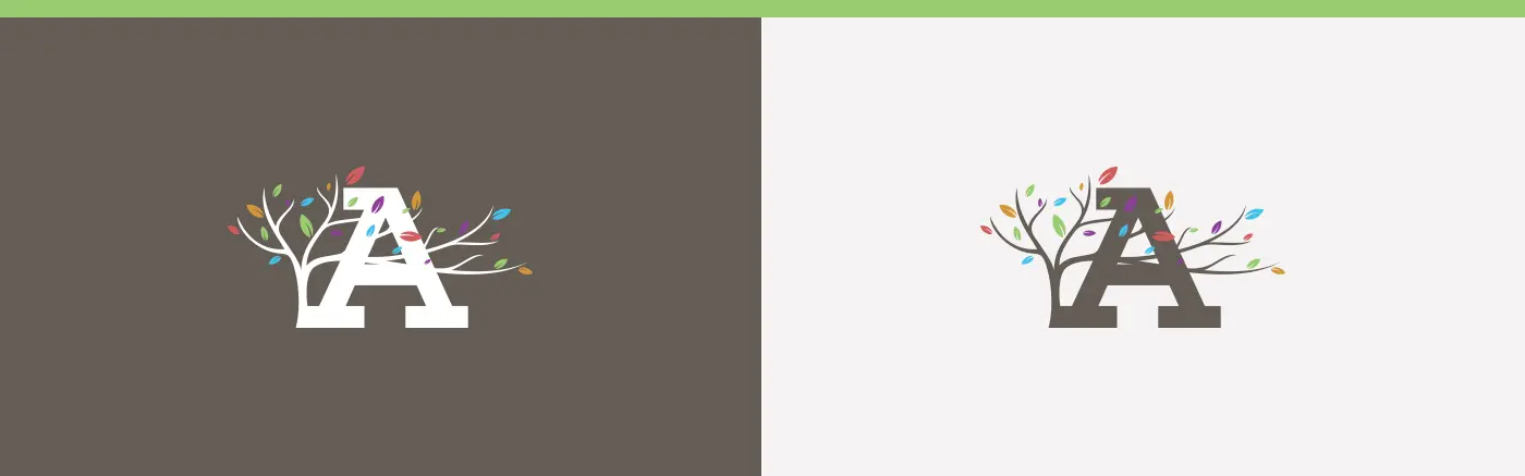Letter A icon with illustrated branch in light and dark versions