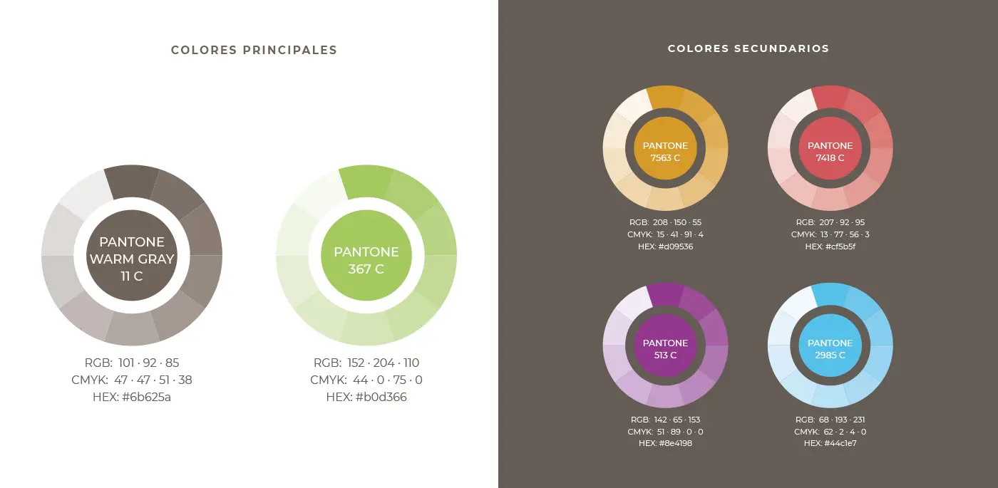Primary and secondary colour palette with Pantone and RGB codes