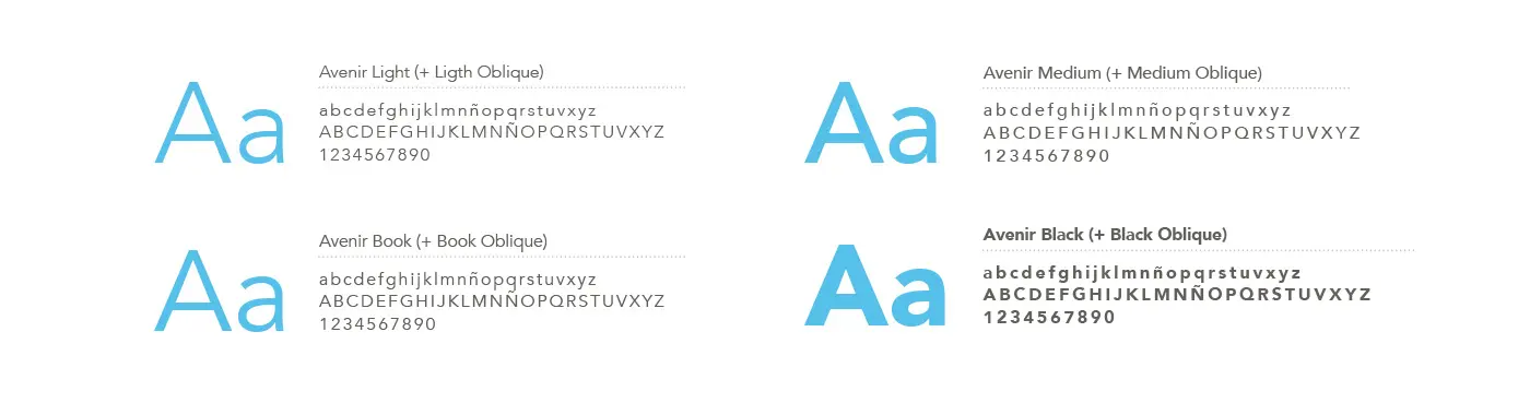 Typographic specimen of the Avenir family in different weights
