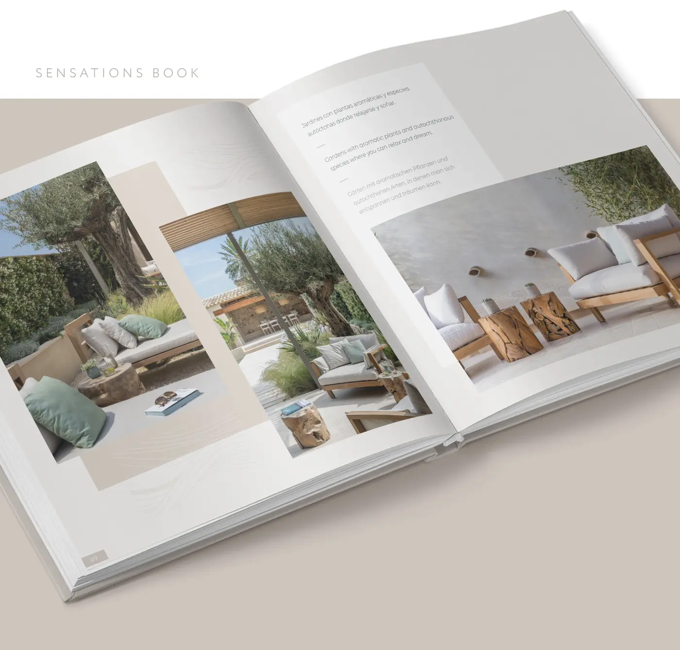 Libro de sensaciones abierto con fotografías de un jardín y una terraza con piscina