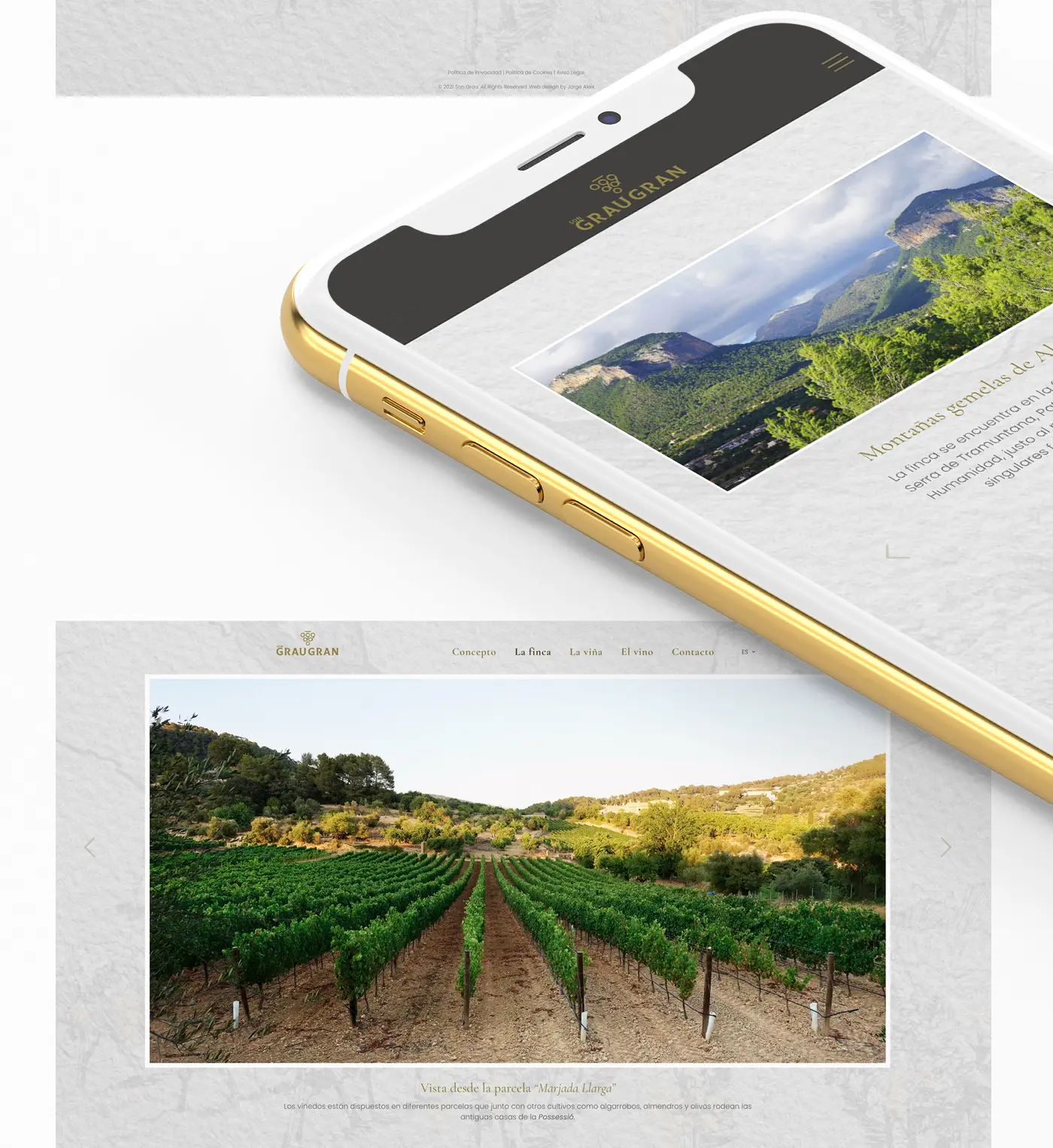 Mockup de la web de Son Grau Gran en móvil y tablet sobre fondo de papel envejecido
