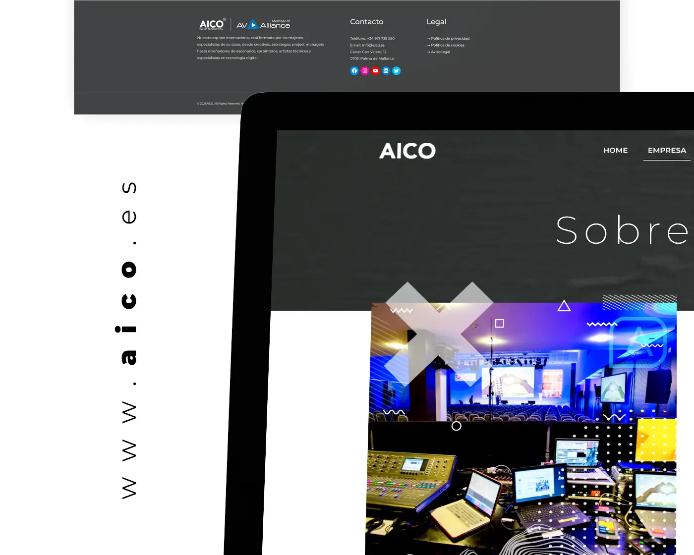 Footer and tablet mockup with the About AICO section