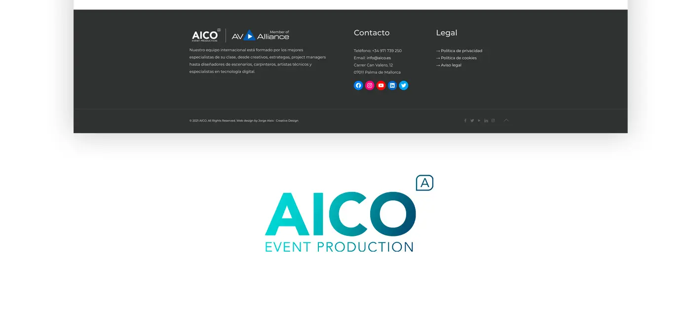 Dark footer and AICO logotype in turquoise on a white background