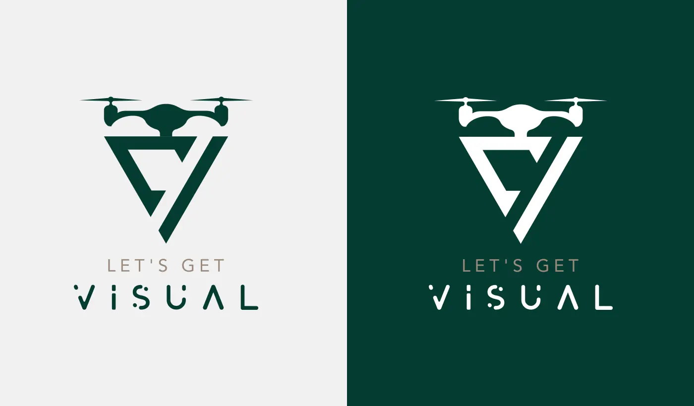 Logotipo de Let's Get Visual con isotipo de dron en verde y blanco sobre dos fondos