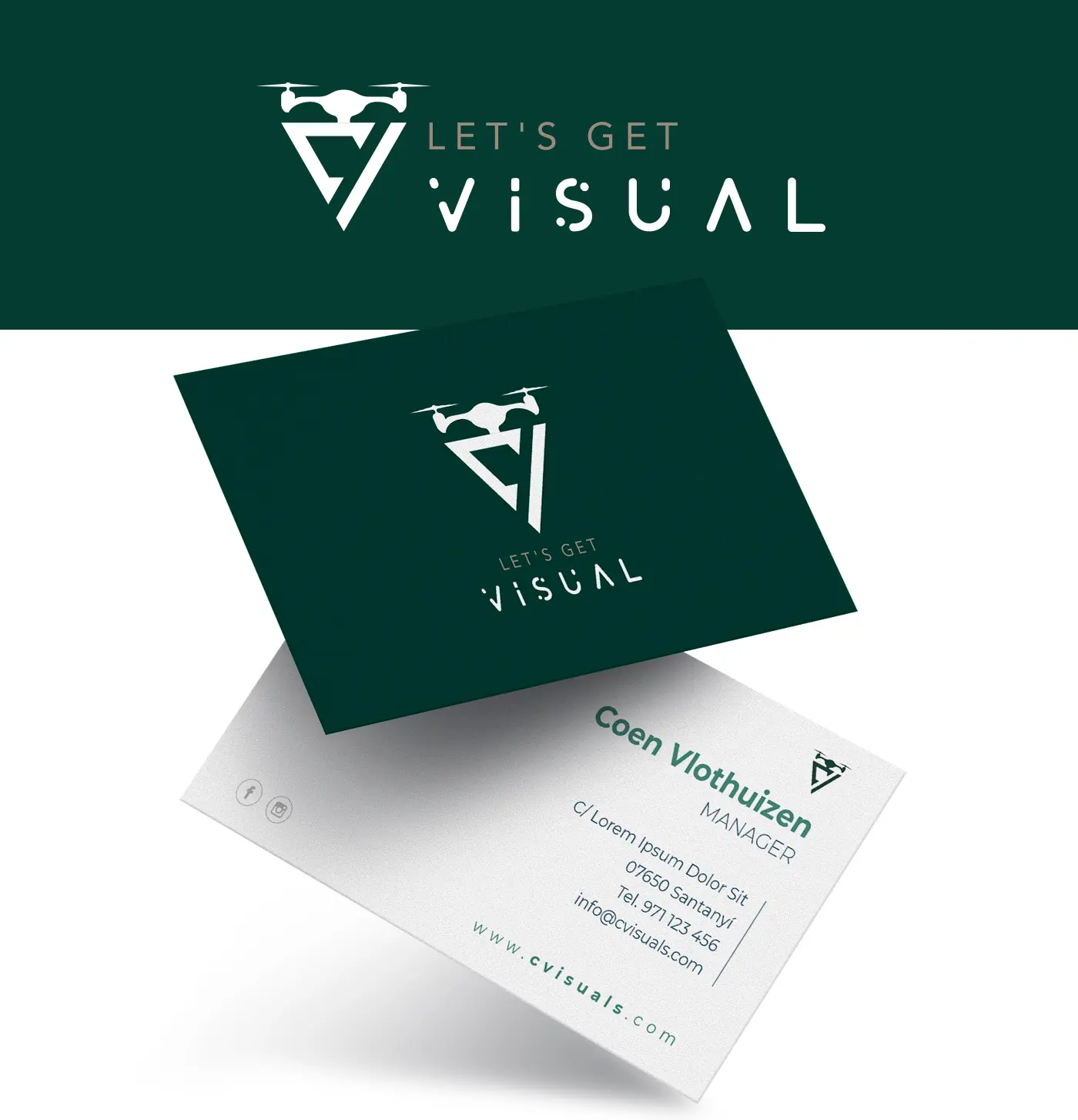 Tarjetas de visita en verde oscuro con el logotipo del dron y datos de contacto