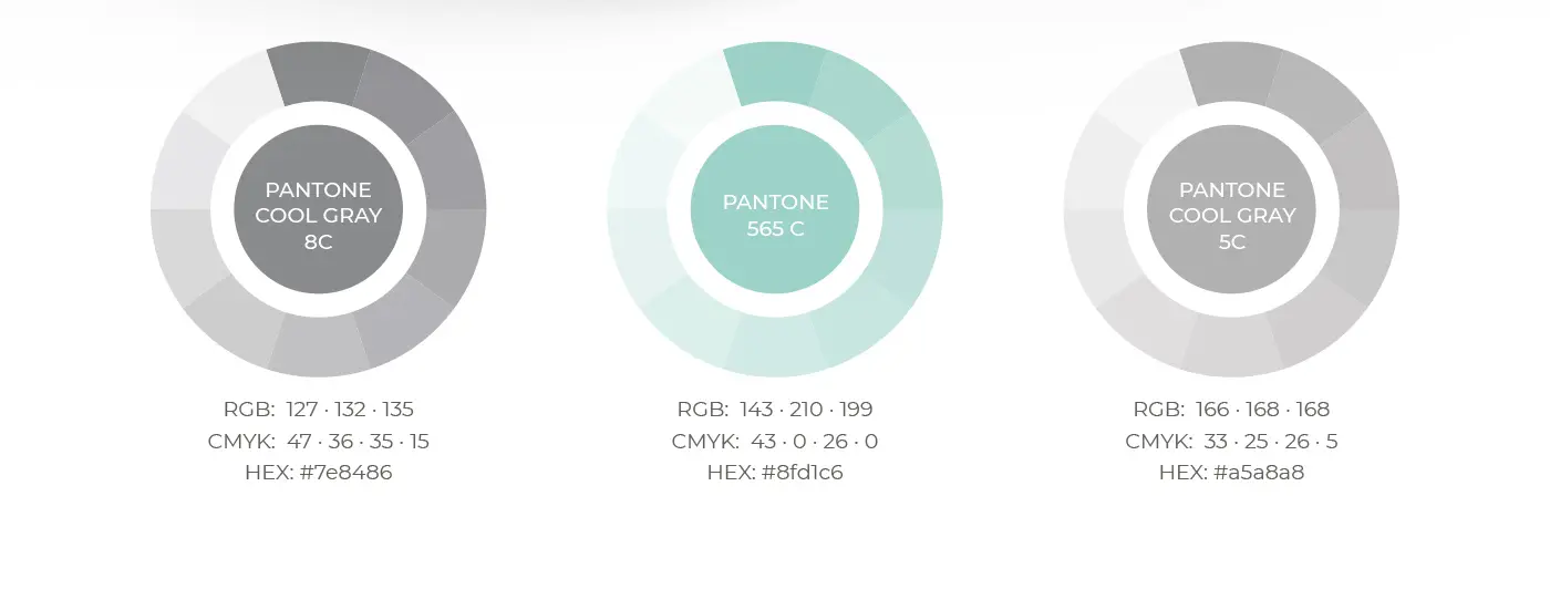 Corporate colour palette in grey and mint green with Pantone codes