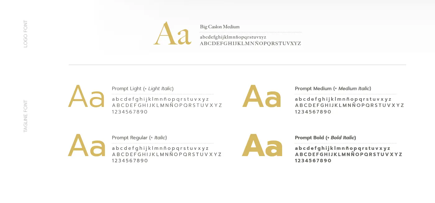 Muestrario de tipografías Big Caslon y Prompt usadas en la identidad