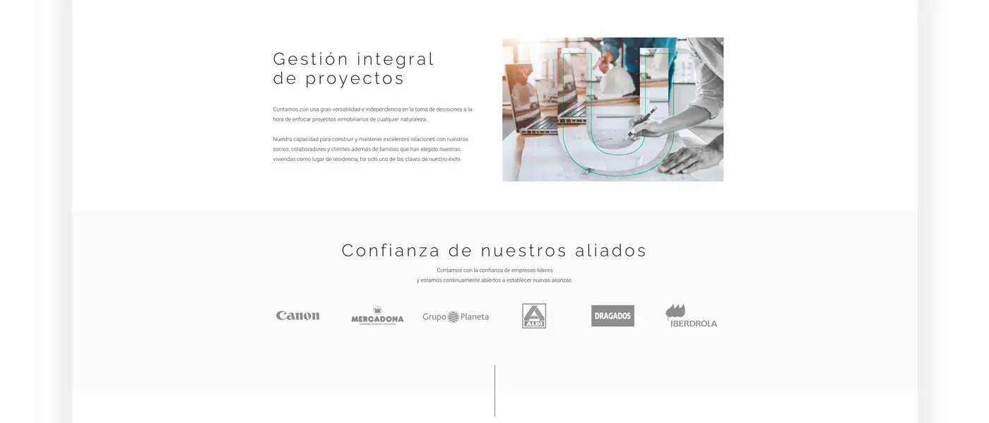 Sección de gestión de proyectos con los logotipos de clientes como Canon y Mercadona