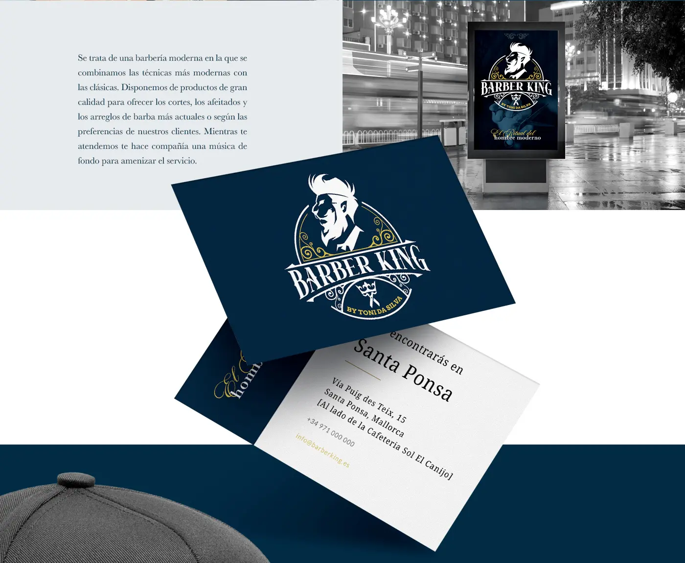 Mockup de tarjetas de visita, marquesina publicitaria nocturna y gorra bordada
