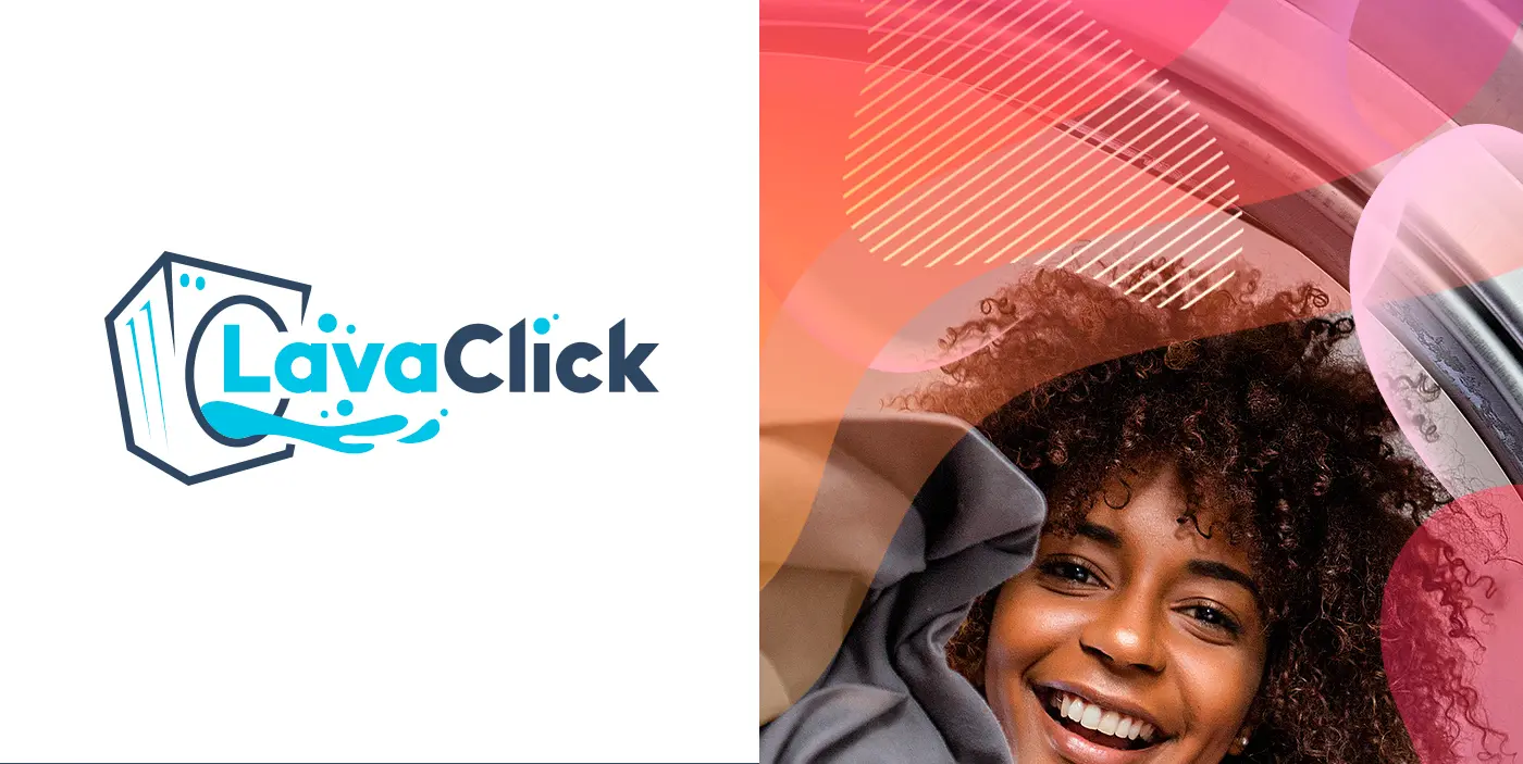Logotipo de LavaClick junto a un collage de formas de color y una mujer sonriendo