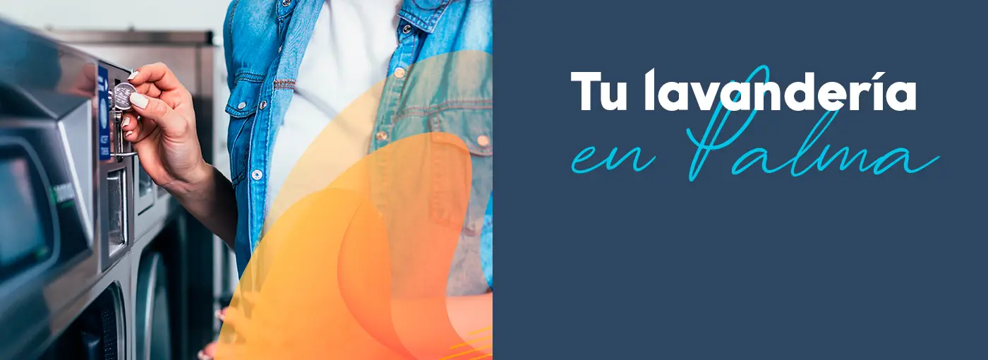 Banner Tu lavandería en Palma con una mano introduciendo una moneda en la lavadora