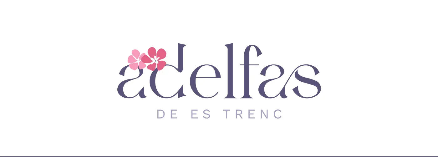 Logotip tipogràfic d'Adelfas de Es Trenc amb flors roses sobre fons blanc