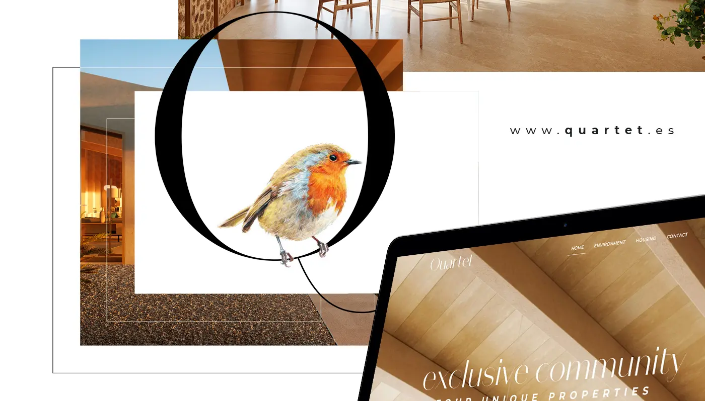 Collage de la web con un petirrojo ilustrado, capturas de pantalla y el dominio quartet.es