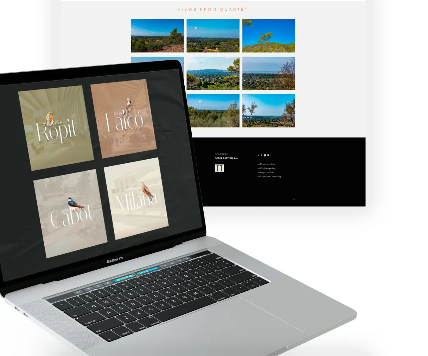 Mockup en portátil con la galería de vistas de Quartet y las fichas de las cuatro casas
