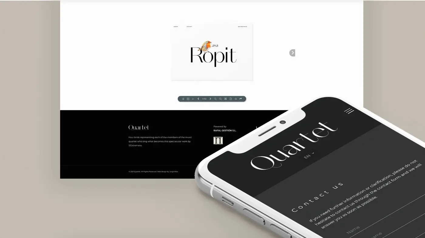 Mockup de móvil con la web de Quartet junto a la ficha de Casa Falcó