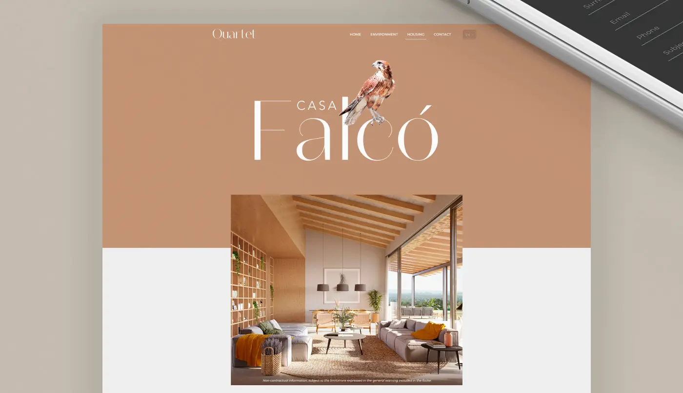 Página de Casa Falcó con el halcón ilustrado sobre fondo terracota y el salón interior