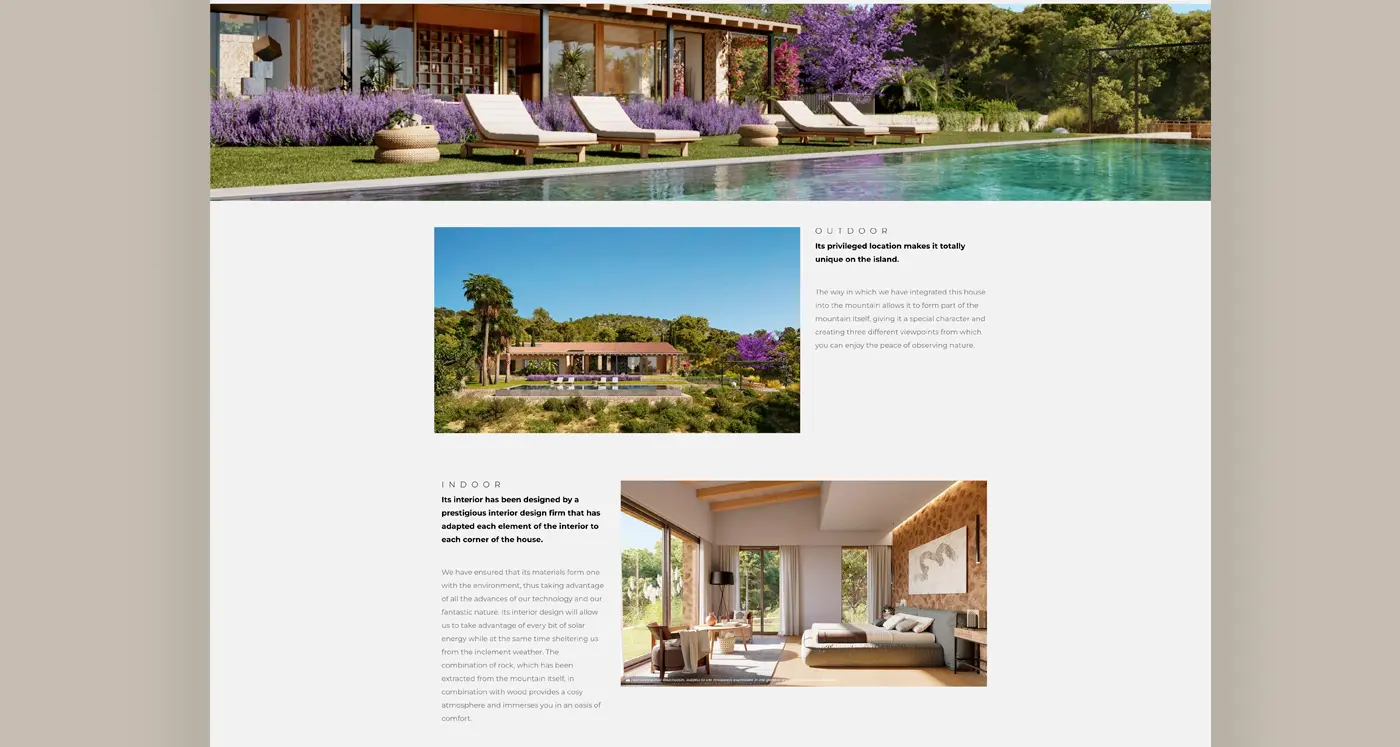 Fotografía panorámica de la piscina de Casa Falcó bordeada de lavanda, con un dormitorio interior